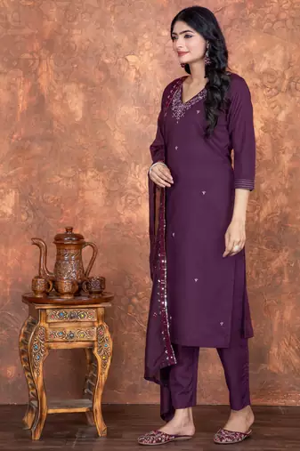 Deep wine roman silk embroidered kurta with pant & chanderi dupatta set