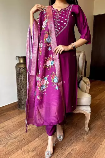 Women's Gorgeous Embroidery Rayon Fabric Stright Kurta Pant with Dupatta Set