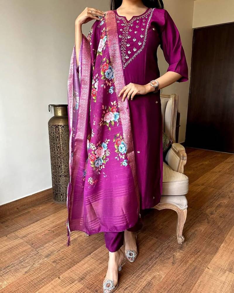 Women's Gorgeous Embroidery Rayon Fabric Stright Kurta Pant with Dupatta Set