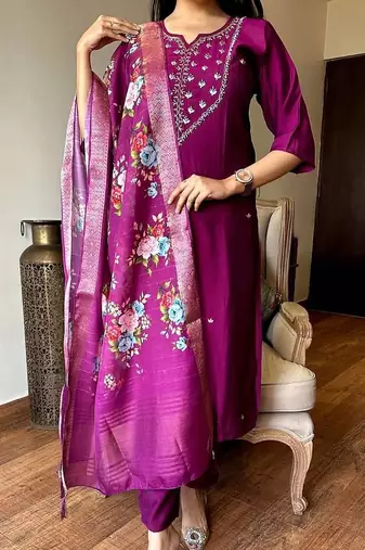 Women's Gorgeous Embroidery Rayon Fabric Stright Kurta Pant with Dupatta Set