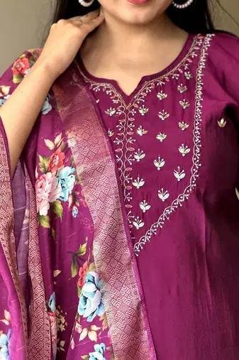 Women's  Embroidery Rayon Stright Kurta Pant with Dupatta Set
