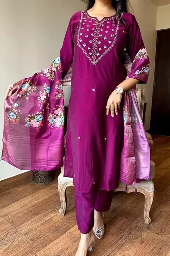 Women's  Embroidery Rayon Stright Kurta Pant with Dupatta Set