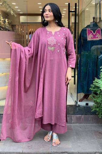 Women's Gorgeous Embroidery Cotton Fabric Stright Kurta Pant with Dupatta Set