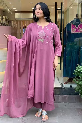 Women's Gorgeous Embroidery Cotton Fabric Stright Kurta Pant with Dupatta Set