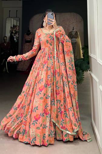 Women's Gorgeous Printed Georgette Fabric Flared Gown with Dupatta Set