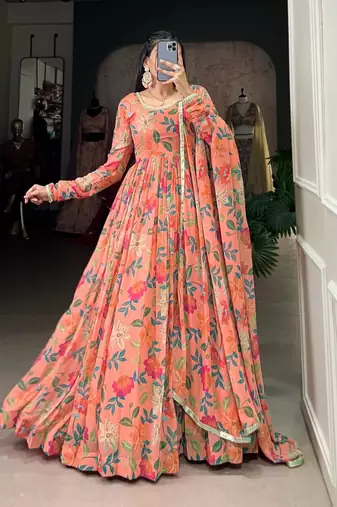 Women's Gorgeous Printed Georgette Fabric Flared Gown with Dupatta Set