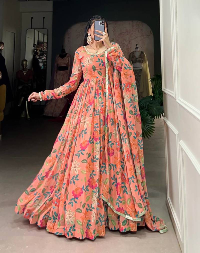 Women's Gorgeous Printed Georgette Fabric Flared Gown with Dupatta Set