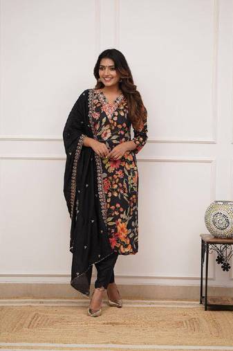 Women's Gorgeous Printed Pure Russian Silk Fabric Stright Kurta Pant with Dupatta Set