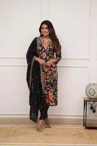 Women's Gorgeous Printed Pure Russian Silk Fabric Stright Kurta Pant with Dupatta Set