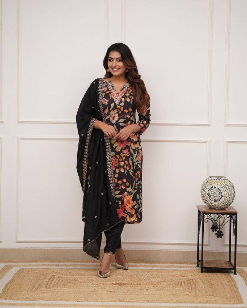Women's Gorgeous Printed Pure Russian Silk Fabric Stright Kurta Pant with Dupatta Set