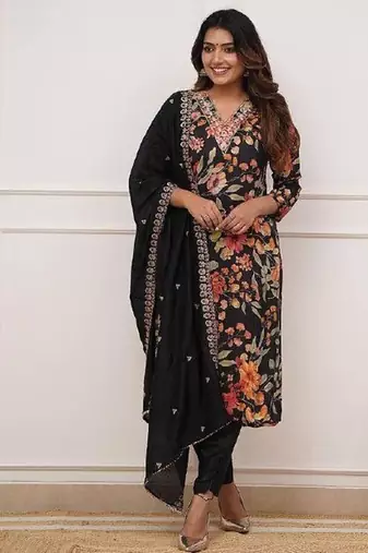 Women's Gorgeous Printed Pure Russian Silk Fabric Stright Kurta Pant with Dupatta Set