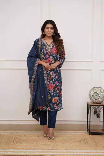Women's Gorgeous Printed Pure Russian Silk Fabric Stright Kurta Pant with Dupatta Set
