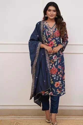 Women's Gorgeous Printed Pure Russian Silk Fabric Stright Kurta Pant with Dupatta Set