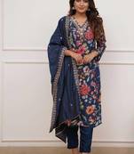 Women's Gorgeous Printed Pure Russian Silk Fabric Stright Kurta Pant with Dupatta Set