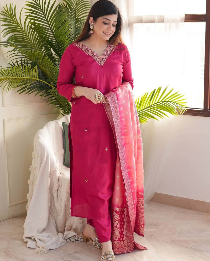 Women's Gorgeous Embroidery Vichitra Fabric Stright Kurta Pant with Dupatta Set