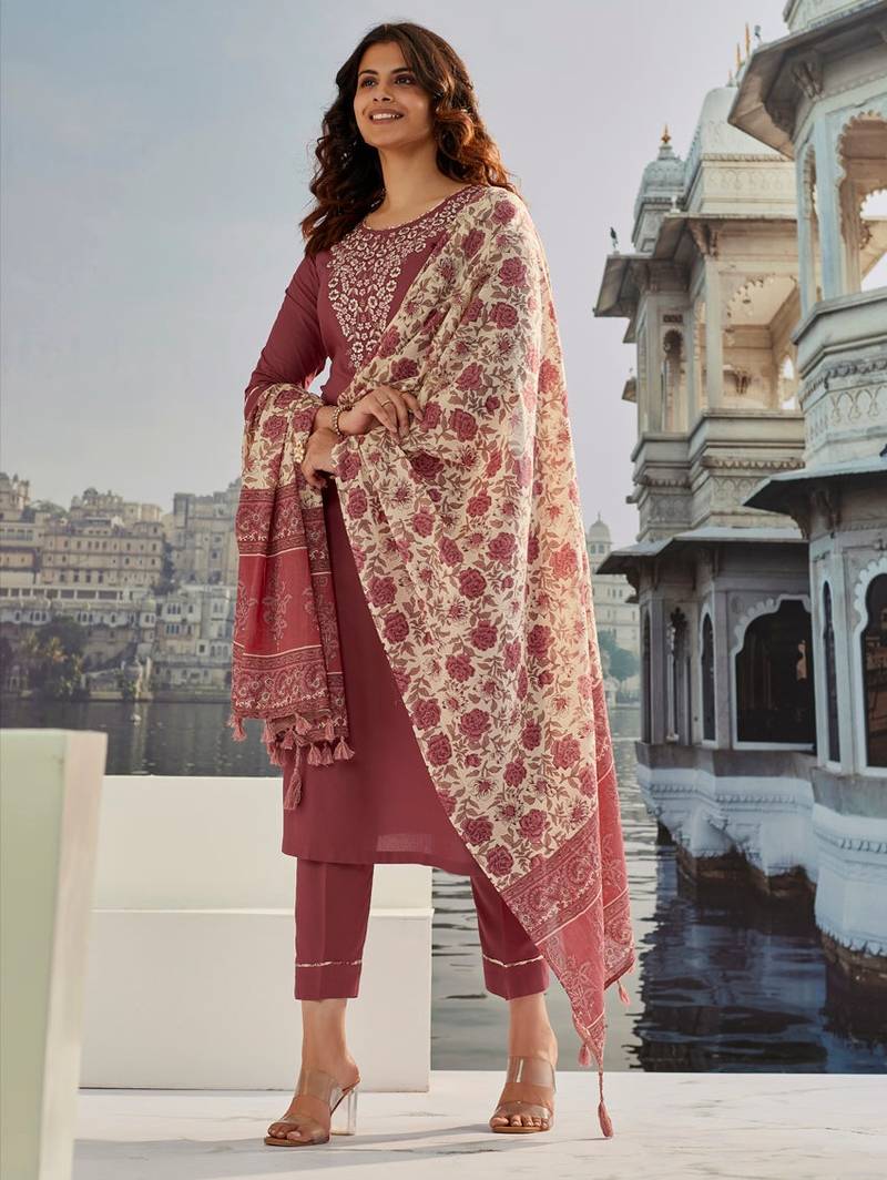 Brown cotton silk embroidered kurta with pant & chanderi dupatta set
