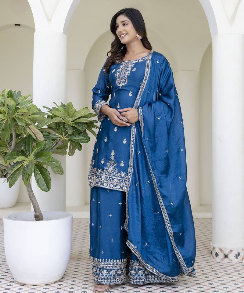 Designer chinon ready to wear kurta plazo dupatta for women