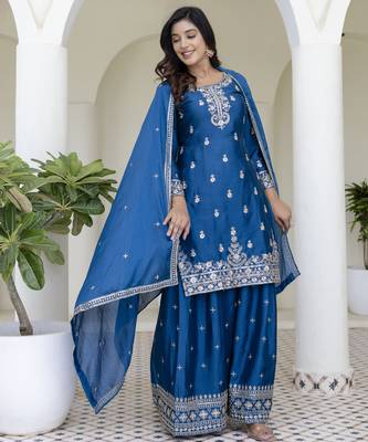 Designer chinon ready to wear kurta plazo dupatta for women 2