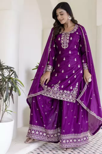 Designer chinon ready to wear kurta plazo dupatta for women