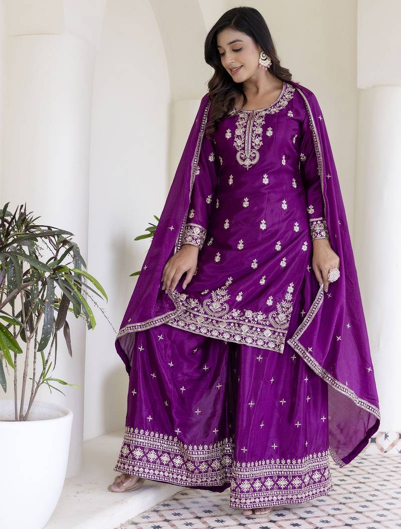 Designer chinon ready to wear kurta plazo dupatta for women
