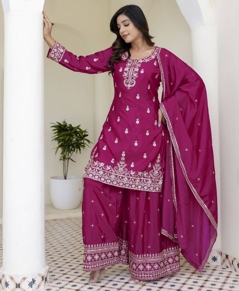 Designer chinon ready to wear kurta plazo dupatta for women