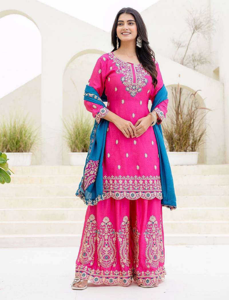 Designer chinon ready to wear kurta plazo dupatta for women