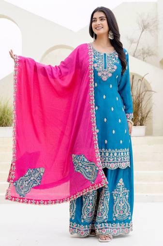 Designer chinon ready to wear kurta plazo dupatta for women