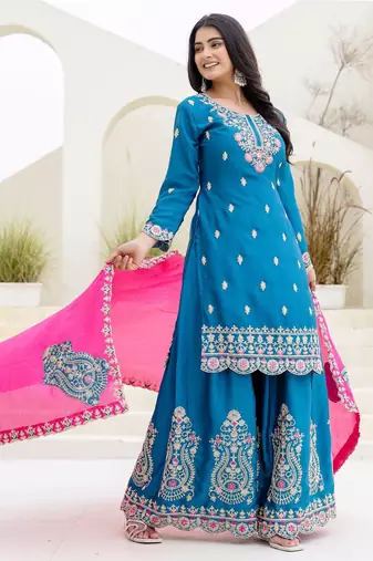 Designer chinon ready to wear kurta plazo dupatta for women