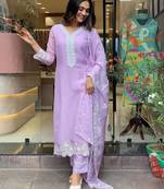 Women's Gorgeous Embroidery Georgette Fabric Stright Kurta Pant with Dupatta Set