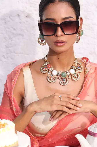 Multicolor gold plated stone necklace set