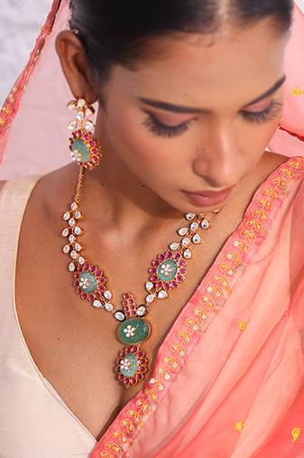 Multicolor gold plated stone necklace set