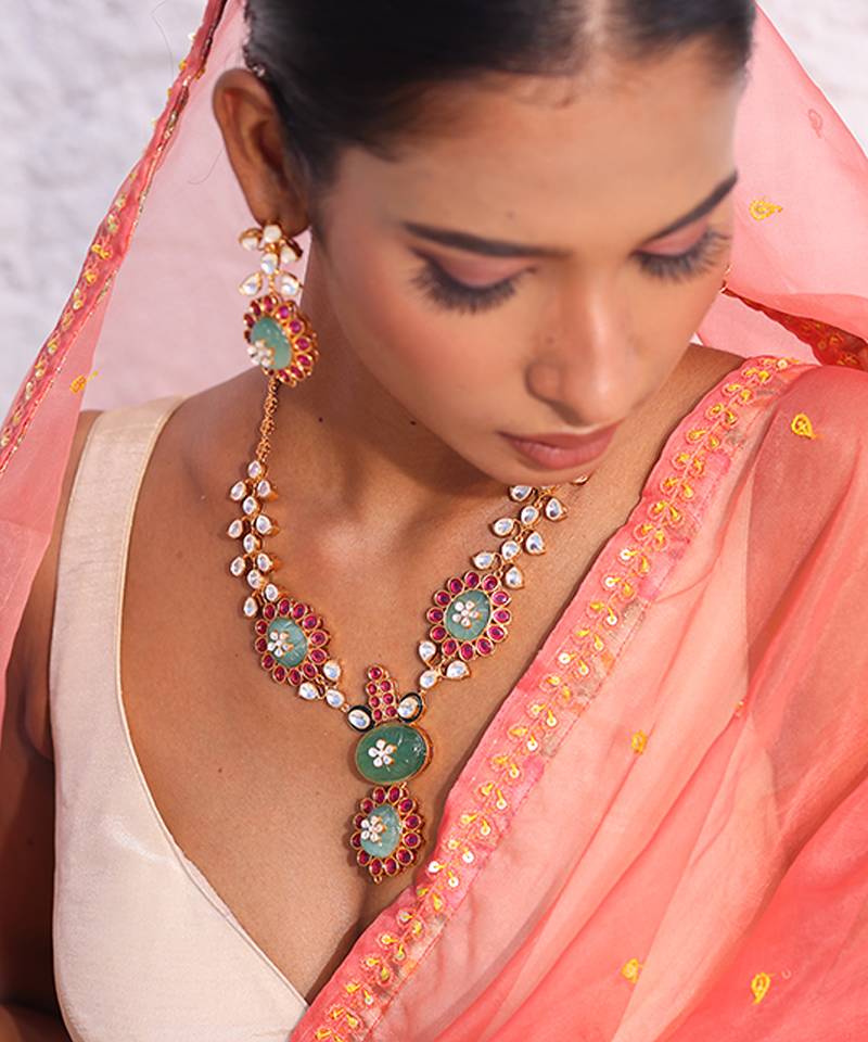 Multicolor gold plated stone necklace set