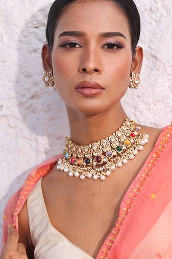 Multicolor gold plated pearl necklace set