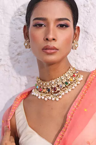 Multicolor gold plated pearl necklace set