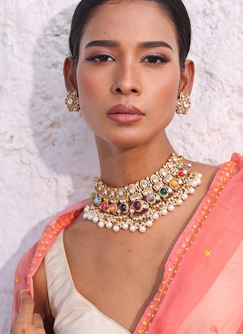 Multicolor gold plated pearl necklace set