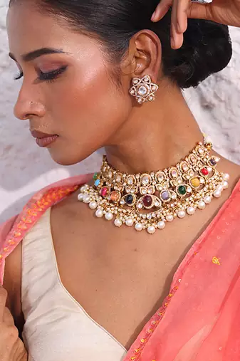 Multicolor gold plated pearl necklace set