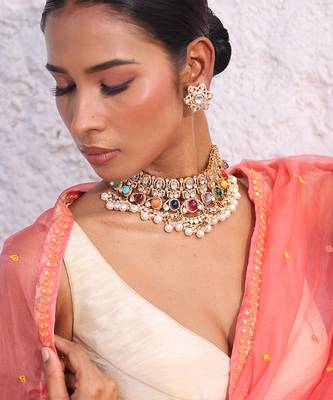 Multicolor gold plated pearl necklace set 3