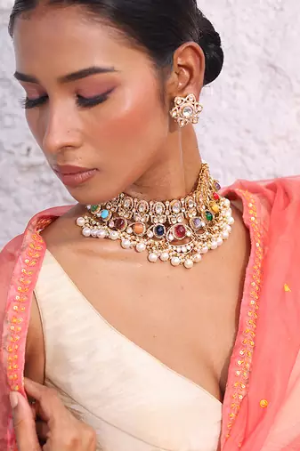 Multicolor gold plated pearl necklace set