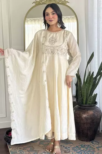 Women's Gorgeous Embroidery Vichitra Silk Fabric Flared Kurta Pant with Dupatta Set