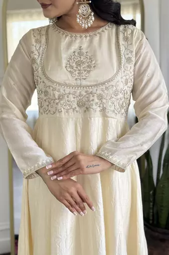 Women's  Embroidery Vichitra Silk Flared Kurta Pant with Dupatta Set