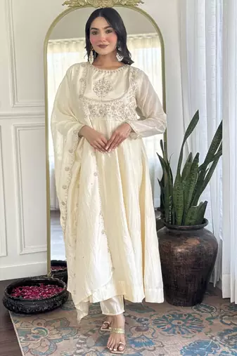 Women's  Embroidery Vichitra Silk Flared Kurta Pant with Dupatta Set