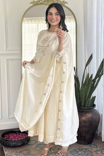 Women's  Embroidery Vichitra Silk Flared Kurta Pant with Dupatta Set