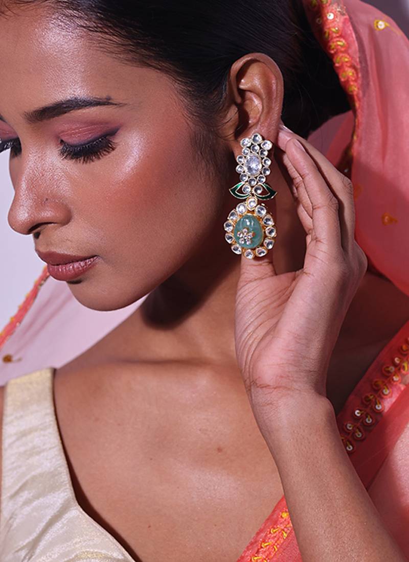 Green gold plated kundan earrings
