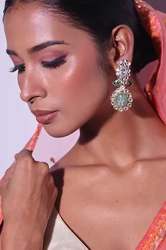 Green gold plated kundan earrings