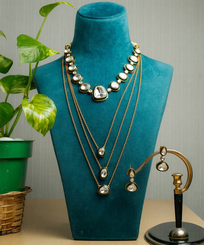 Silver stone gold plated necklace set