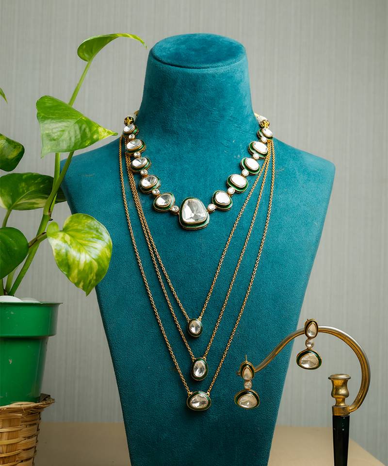 Silver stone gold plated necklace set