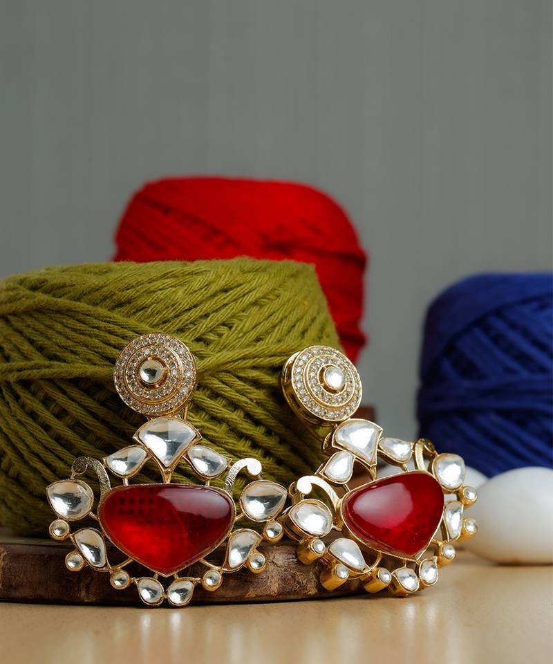 Red stone gold plated earrings