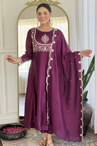 Women's Gorgeous Embroidery Vichitra Silk Fabric Flared Kurta Pant with Dupatta Set