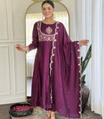 Women's  Embroidery Vichitra Silk Flared Kurta Pant with Dupatta Set