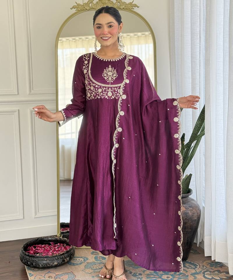 Women's Gorgeous Embroidery Vichitra Silk Fabric Flared Kurta Pant with Dupatta Set
